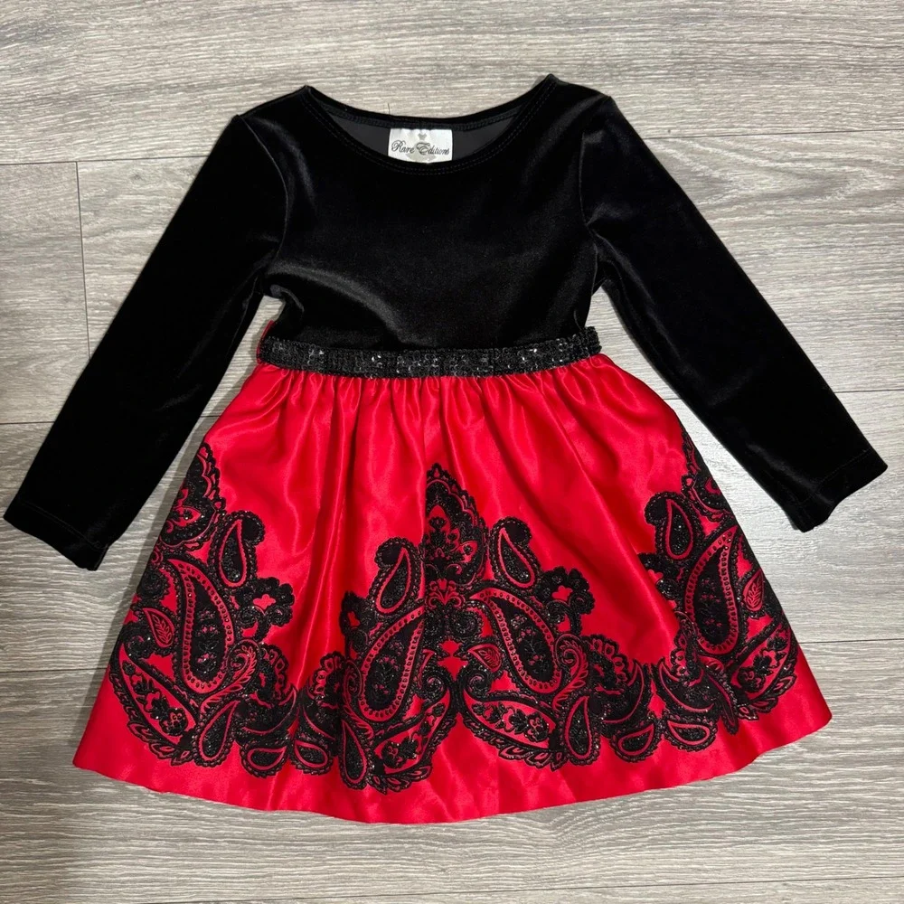 Rare Editions 4T Girls Black‎ Velvet Red Satin Paisley Sequin Holiday Dress